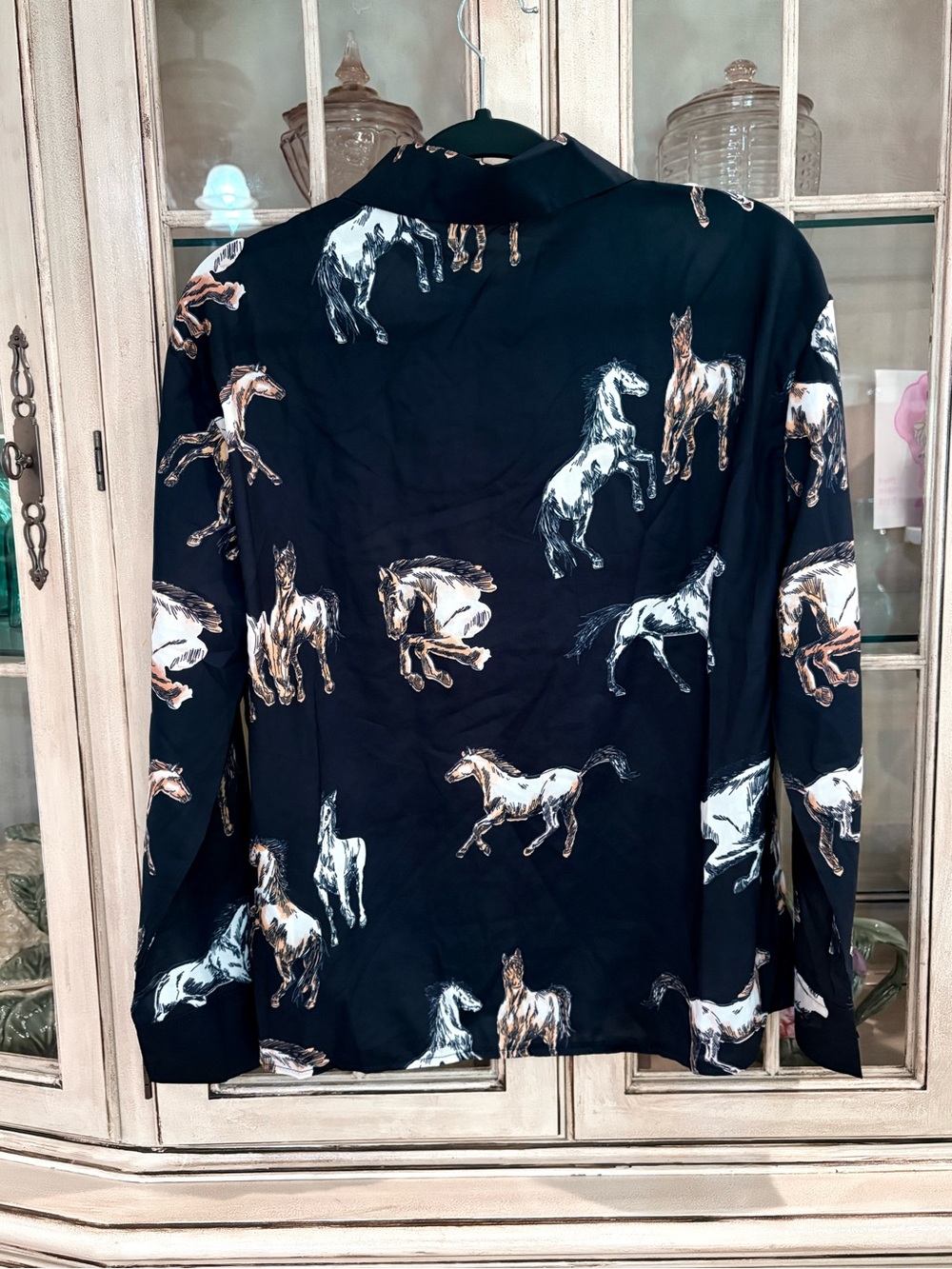Black Button-Down Blouse with Elevated Equestrian Print - Picture 3 of 9